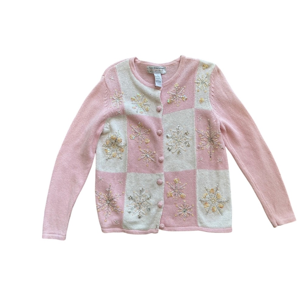 Tiara International Pink White‎ Snowflake Christmas Cardigan Sweater Small A31